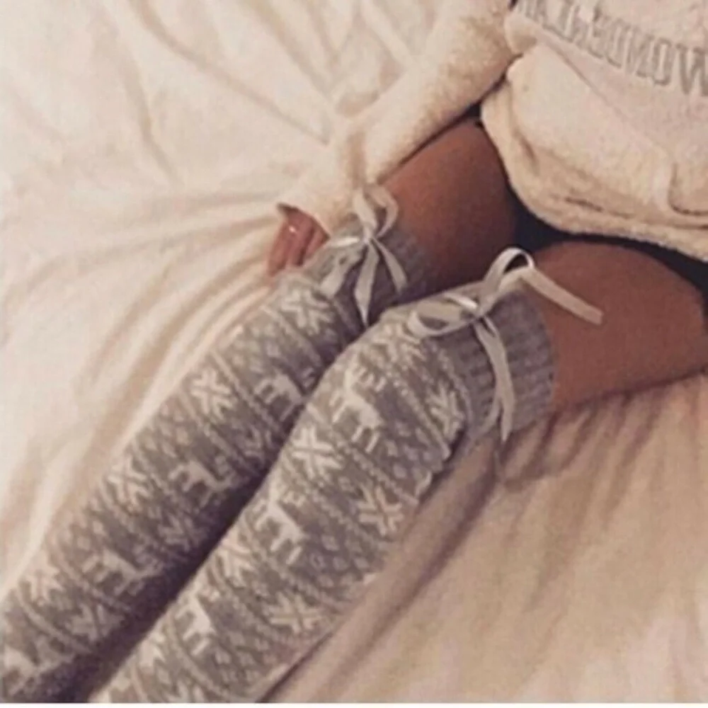 Gray Fair Isle Knit Over The Knee Leg Warmers Cozy Winter Lounge Socks NWT